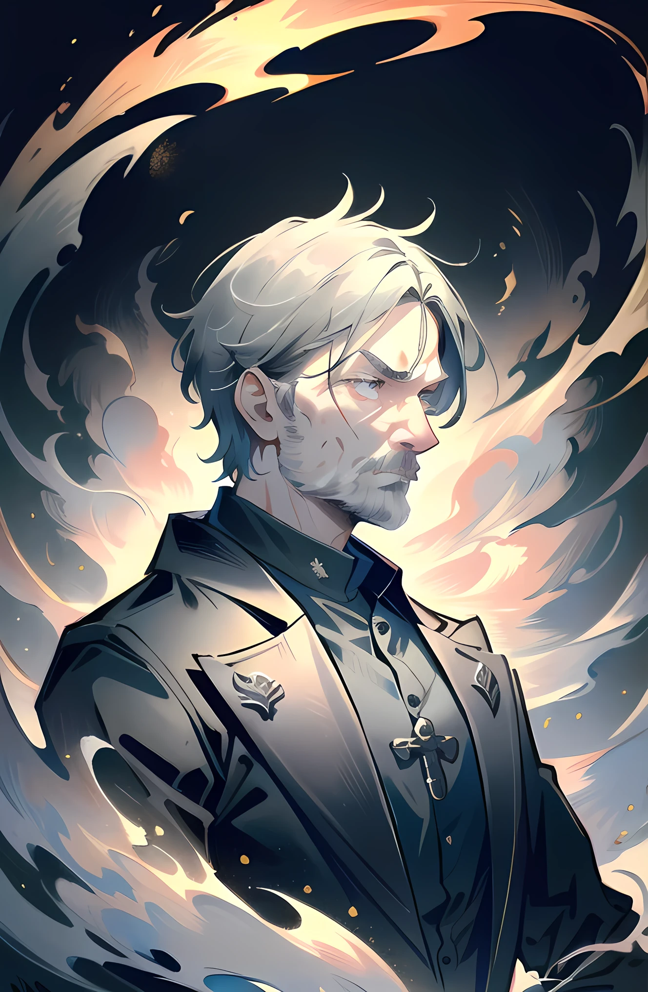 ((ultra-detailed , masterpiece, 4k)) portrait, old man, 60 years old, detailed eyes, full-length, serious face, short gray hair, fantasy-style clothing, priest