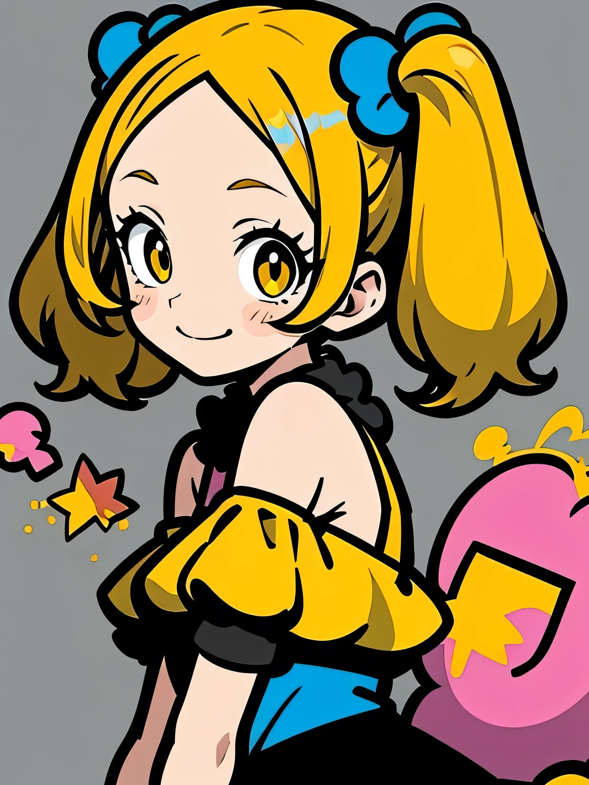 sideview,alone,(looking at viewer:1.3),(upperbody)black twintail,big forehead,gold eyes,eyelash,(offshoulder),cute frill dress,graffity,smile,with pikachu,pastel gradation,good model pose,Murakami Takashi,misterious 万華鏡 background,(comicart :1.3),(illustration),