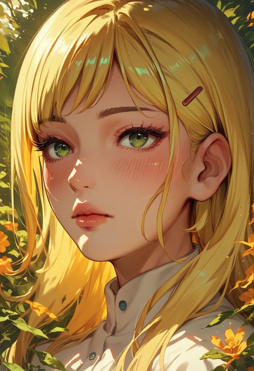 1girl, upper body, (ino yamanaka), yellow hair, natural lips, blush, glowing, black eyelashes, beautiful green eyes, long straight hair, half length bangs