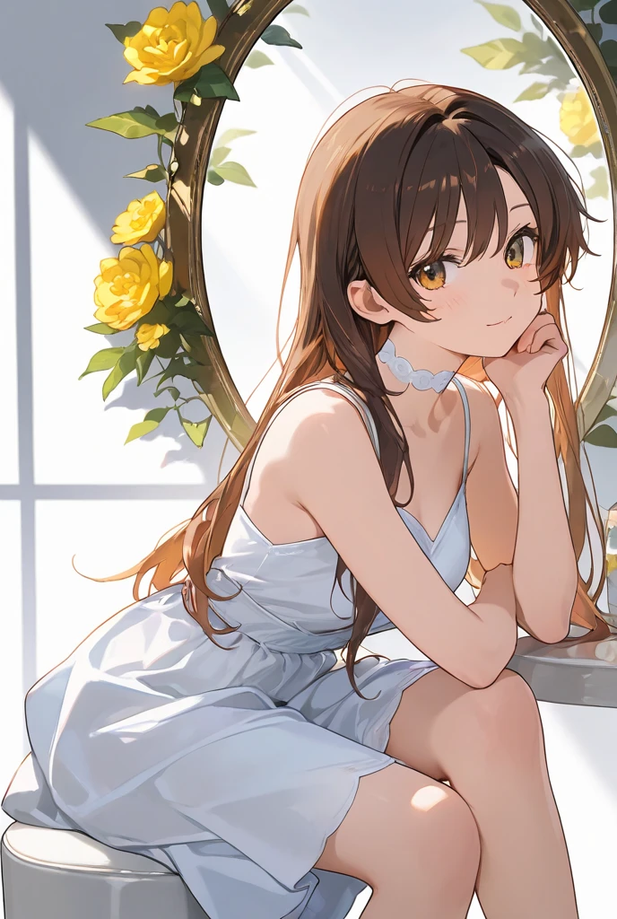 ((Masterpiece)), ((best quality)), (Cracked Background:1.9),1girl, solo, put on cat ears, grin face, Full body, ((claw pose)), sitting on pier, (oversized white camisole), (aqua eyes), (daffodil), (hyacinth), signature, red flower, pale brown hair, long hair, green eyes, (on the Tip of the pier), the lake, (simple white background),