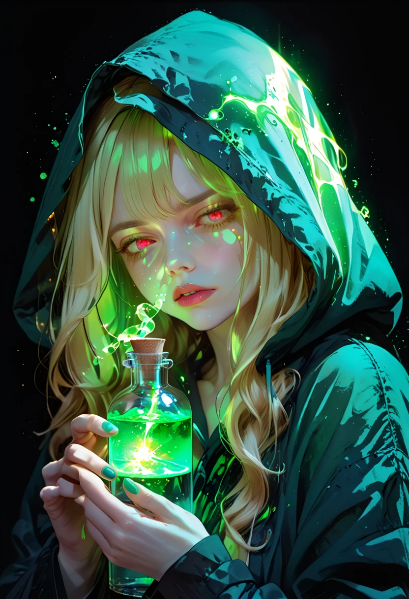  beautiful blonde woman ,   red eyes,     hood, light gold hair   ,  painful,    dark circles under her eyes due to lack of sleep   ,    sensual plump lips   ,   held a large glass magic flask with green glowing poison,  The woman was wearing a black robe with a hood   ,  in the hood, mature, neon green poison with bubbles is raging ,   neon green aura , glare of light, refraction of rays , Black magic , witchcraft, black background 