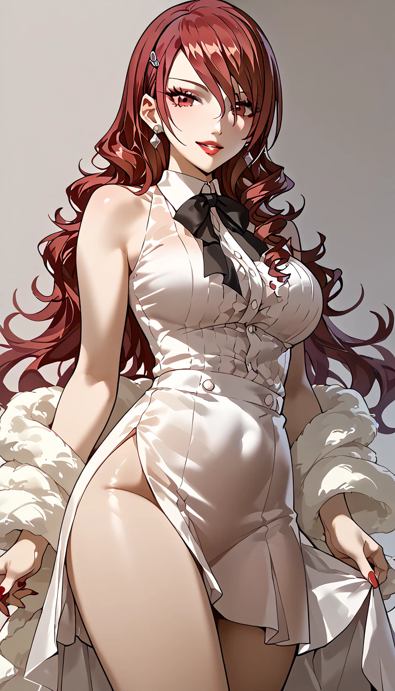 mitsuru kirijo（Persona 3）、black see-through party dress、 cocktail dress、Accurate clothing、Detailed costume、cool、 、Red Hair、 adult woman、 Big Breasts、   high definition  、Masterpiece、  High Quality  、  detailed face  、   detail eyes、front、