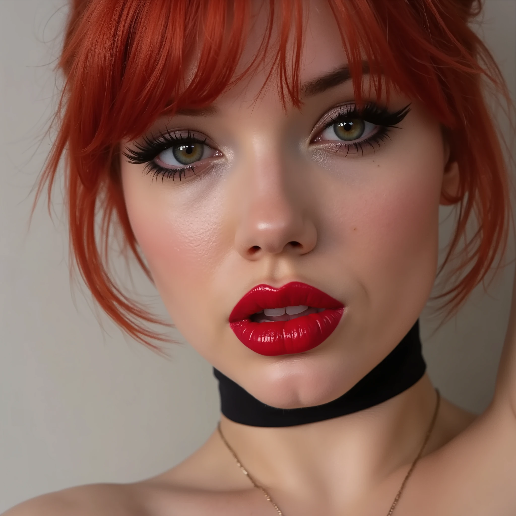 Close up portait of lips and eyes, eyeliner flicks, red lip shiny vinyl gloss, dramatix make up, latex choker, red hair