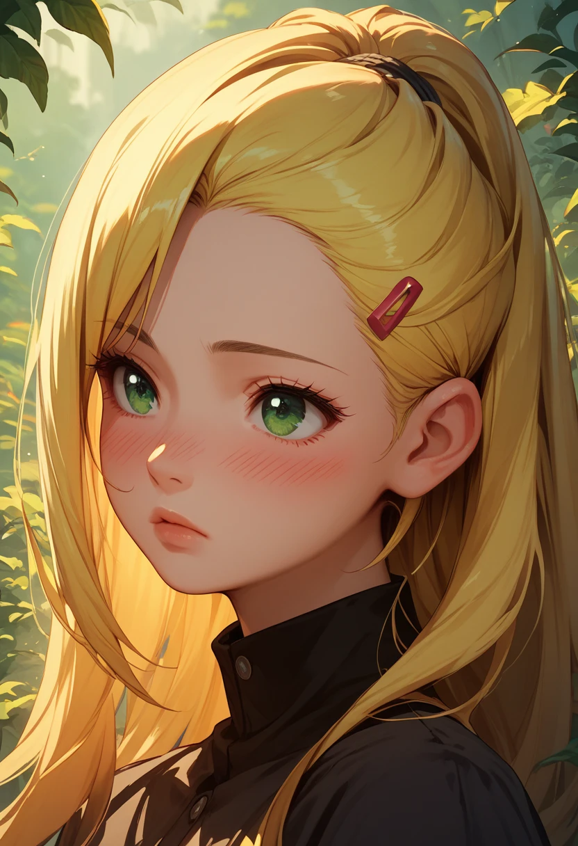 1girl, upper body, (ino yamanaka), yellow hair, natural lips, blush, glowing, black eyelashes, beautiful green eyes, long straight hair, half length bangs