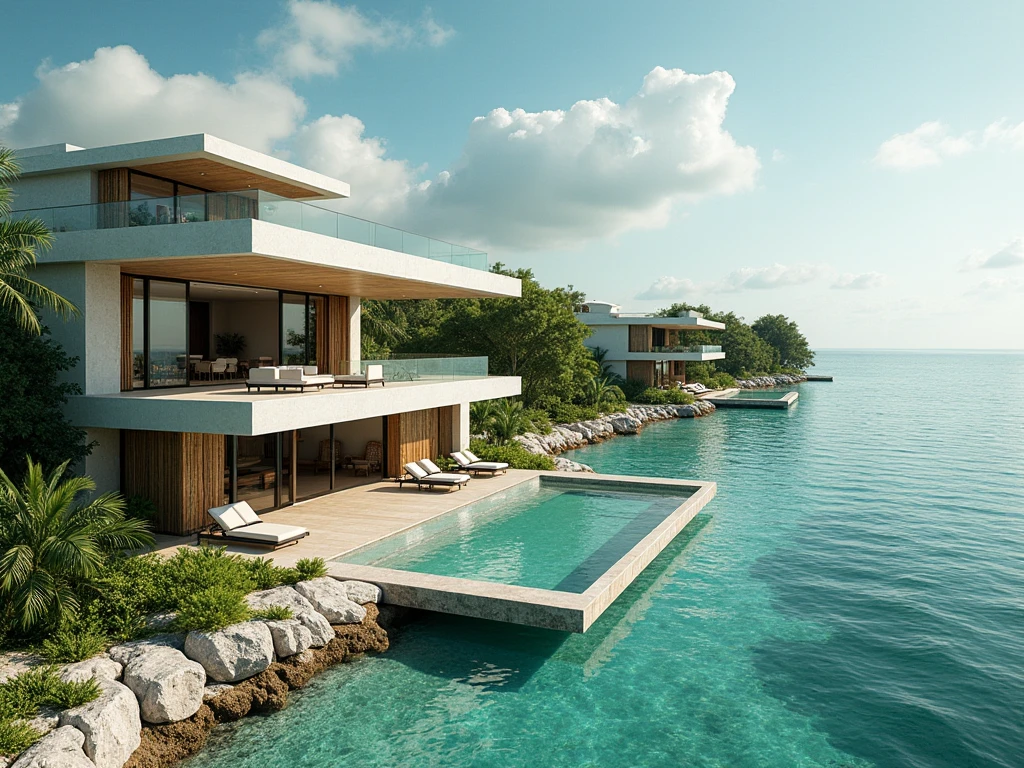 create the concept of villas in the Bacalar Lagoon Mexico ,  with a modern and futuristic style with flow but using natural materials such as bamboo and stone and chukum