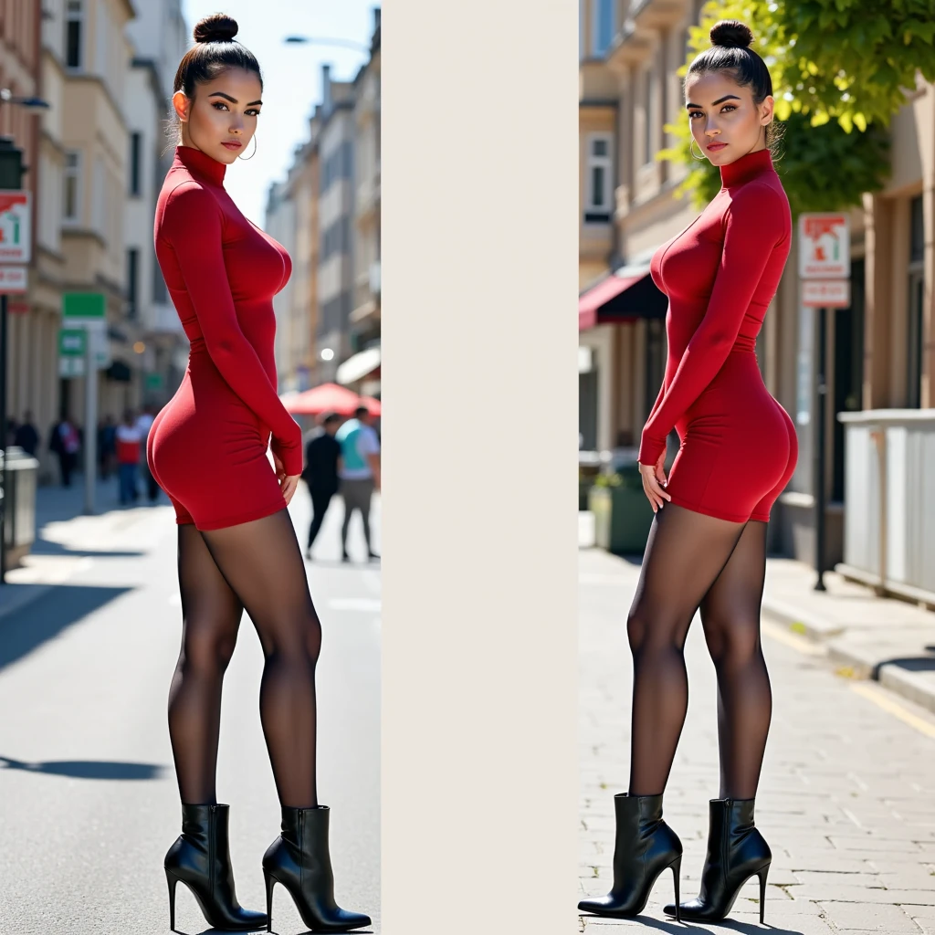 two Sexy (busty) Arab women, glossy black hair with ((tight ass)), (tight-fitting red mini-dress and (black pantyhose), black stiletto ankle boots), (perfect huge firm breasts), perfect bubblebutt, (facing each other but looking at viewer, full face visible)1.5, in the middle of the same street, sharp focus, same raw photograph, (no-separation, no border), (non-nude)1.5, fill central zone with street background