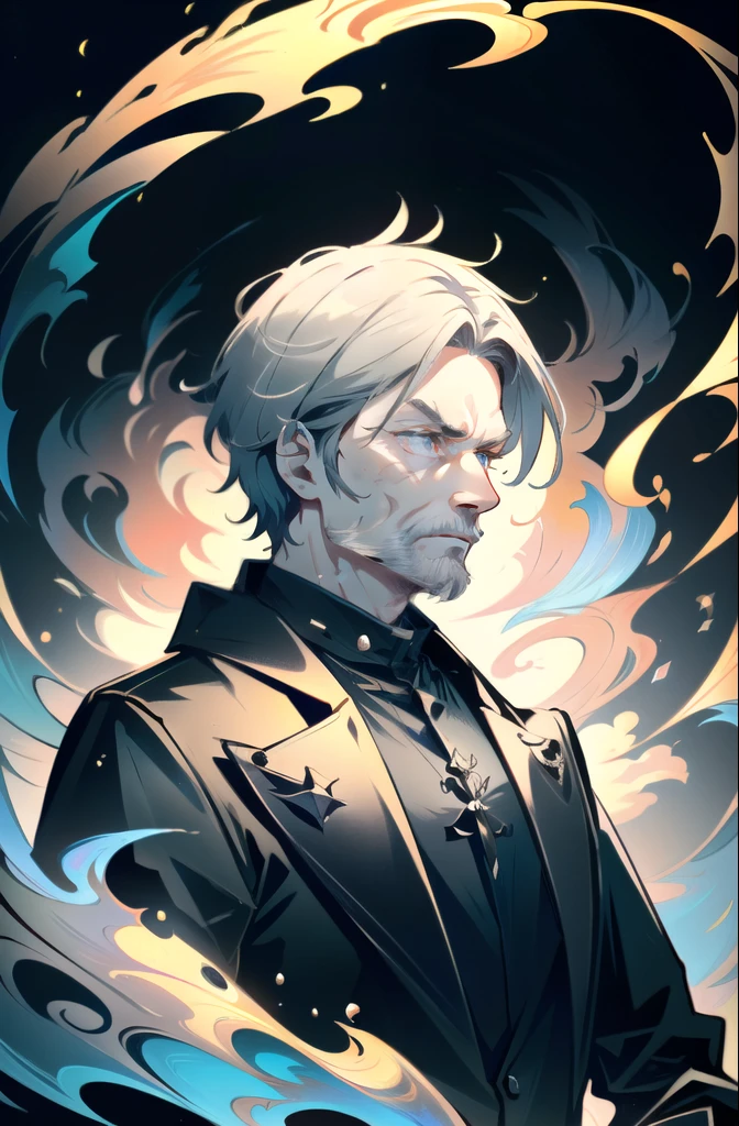 ((ultra-detailed , masterpiece, 4k)) portrait, old man, 60 years old, detailed eyes, full-length, serious face, short gray hair, fantasy-style clothing, priest