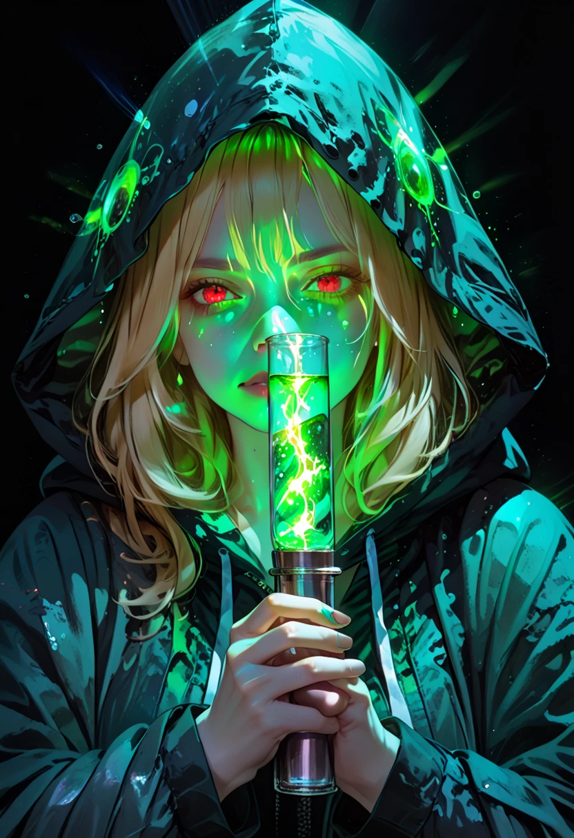  beautiful blonde woman ,   red eyes,     hood, light gold hair   ,  painful,    dark circles under her eyes due to lack of sleep   ,    sensual plump lips   ,   held a large glass magic flask with green glowing poison,  The woman was wearing a black robe with a hood   ,  in the hood, mature, neon green poison with bubbles is raging ,   neon green aura , glare of light, refraction of rays , Black magic , witchcraft, black background 