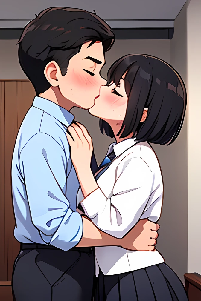 (((Kiss:1.5))),(((  High Quality  ,    High Definition   ,))),(((Give me a kiss with a younger woman and an older man:1.4))), heterosexual,break,  younger female ,iris,  soft lips  ,,iris, Dark Eyes,(  small eyes  ),( Slanted Eyes ),  black hair ,((( short hair))),(((skirt stature))),(( chubby)), Big Breasts, blue blazer ,  grey pleated skirt,(( close eyes))/break,  er young male, black hair,Short Hair, standard height , business suits , ties,(sweating),/break,indoor,upper body,