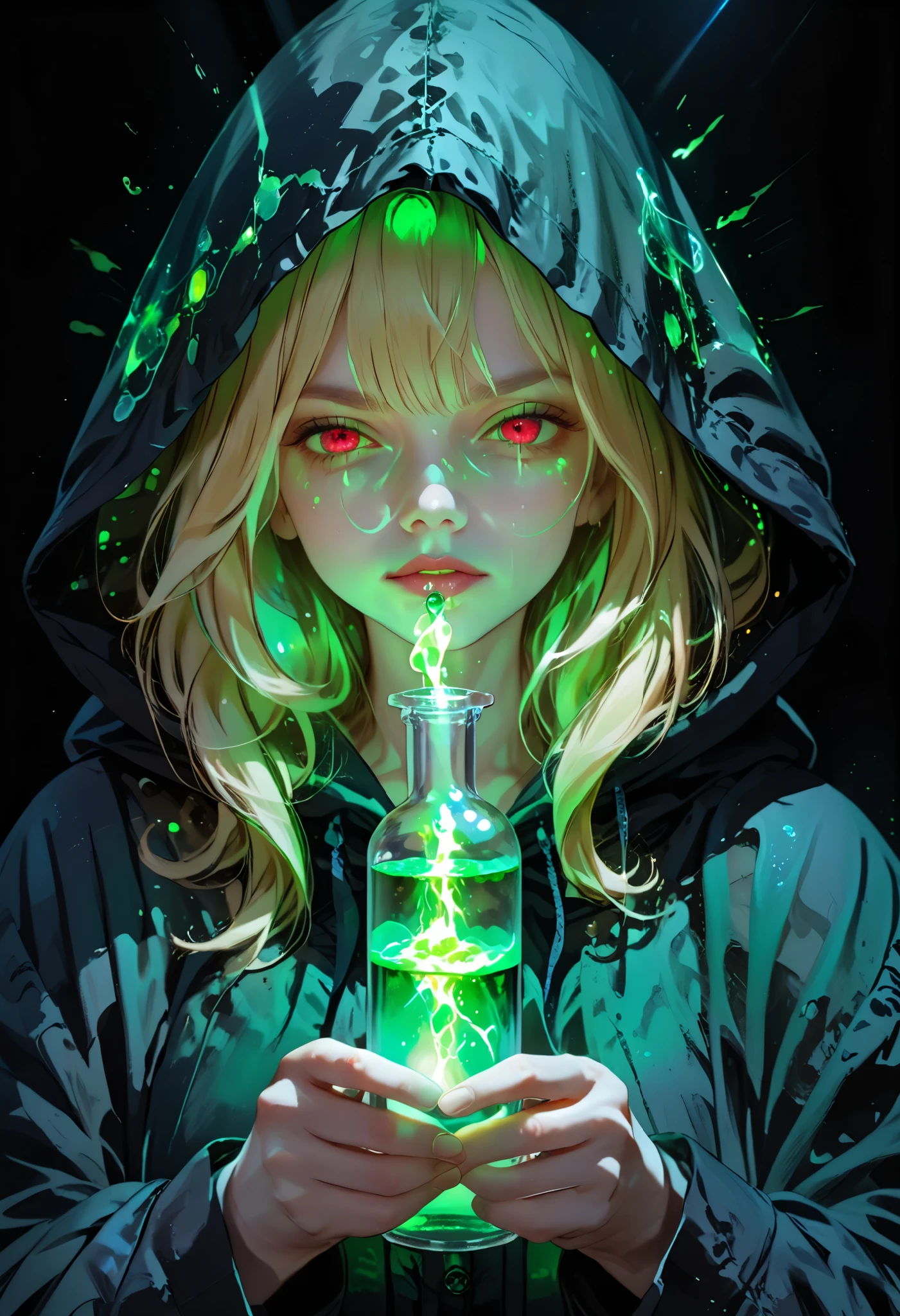  beautiful blonde woman ,   red eyes,     hood, light gold hair   ,  painful,    dark circles under her eyes due to lack of sleep   ,    sensual plump lips   ,   held a large glass magic flask with green glowing poison,  The woman was wearing a black robe with a hood   ,  in the hood, mature, neon green poison with bubbles is raging ,   neon green aura , glare of light, refraction of rays , Black magic , witchcraft, black background 