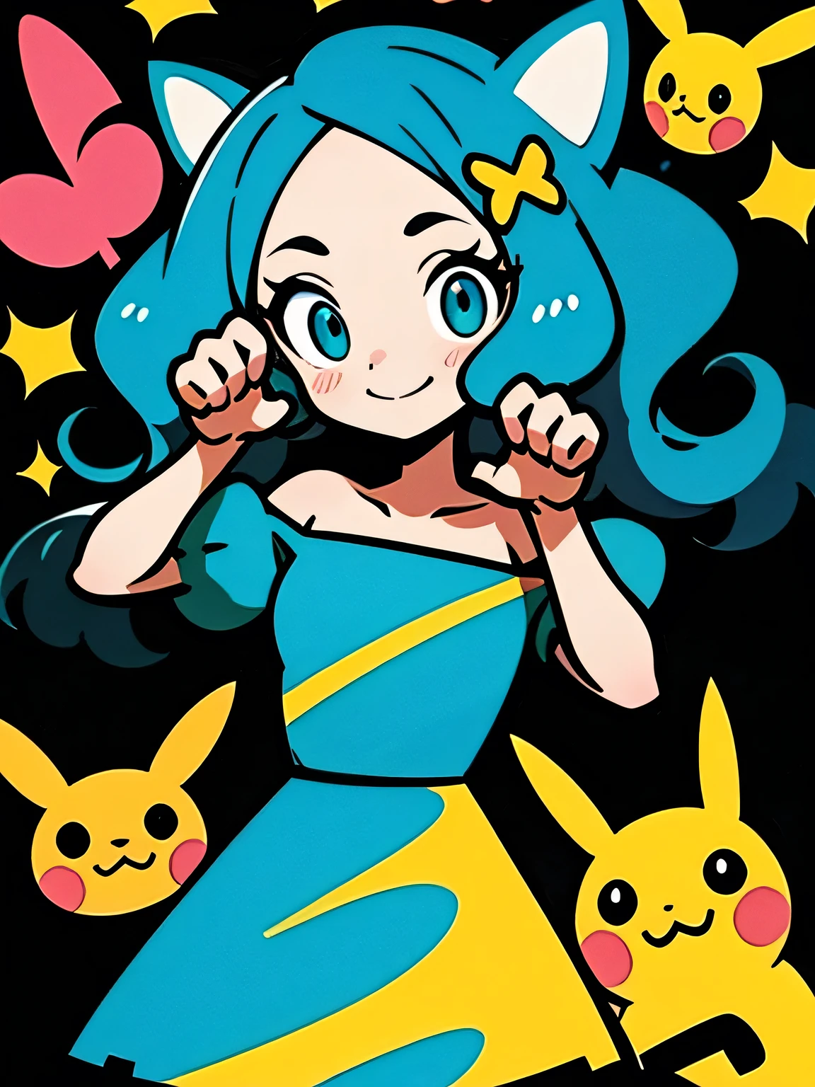 frontview,alone,(looking at viewer:1.3),(upperbody)black wavy hair,big forehead,gold eyes,eyelash,(offshoulder),cute frill dress,graffity,smile,paw pose:1.2,with pikachu,pastel gradation,good model pose,Murakami Takashi,misterious 万華鏡 background,(comicart  :1.3),(illustration),