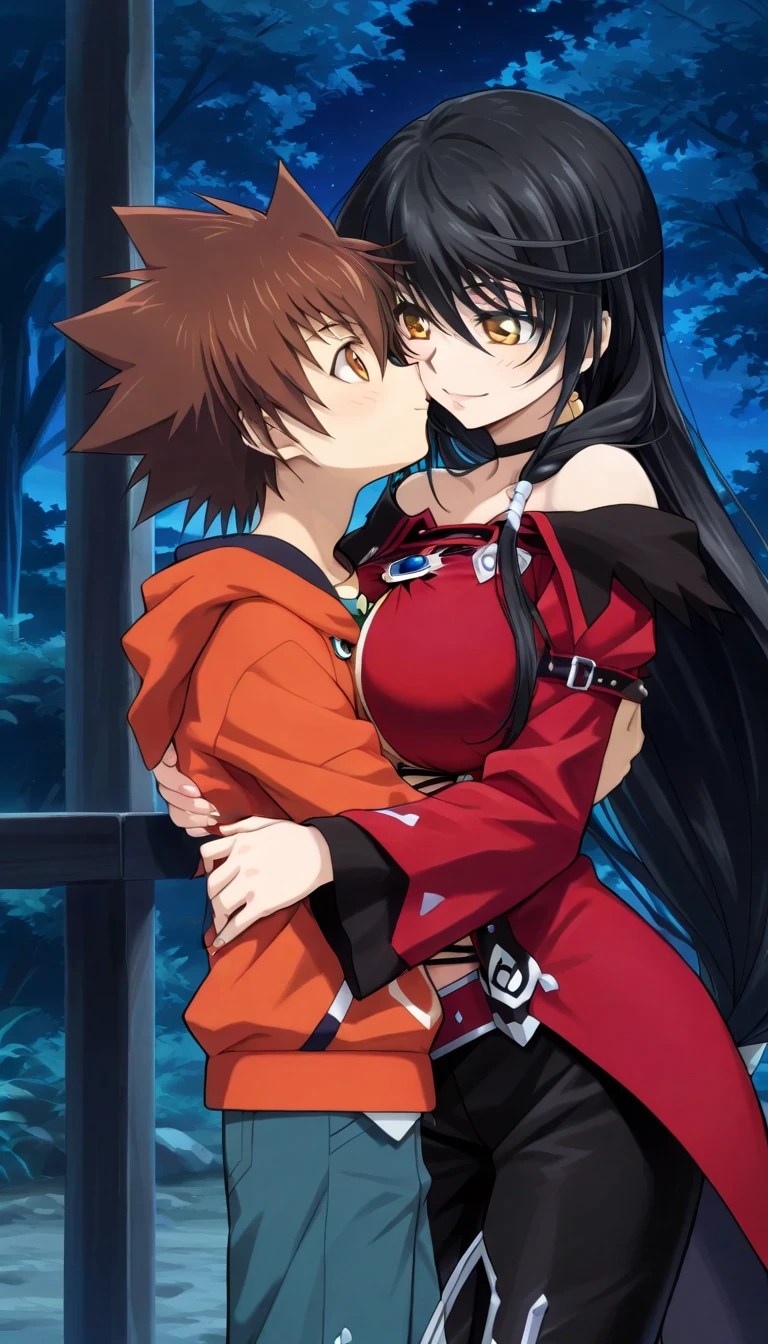 masterpiece,top-quality,source_anime,best quality, clear face,Velvet Crowe,tales of verseria,1girl,solo,black hair,very long hair,gold eyes,very large breasts, perfect body,beauty,very huge breasts,narrow waist,bust size is 250cm over,sexy,seductive anime girl,One Shota,Tsunayoshi Sawada,tsuna_hyper,A boy with very messy brown hair,she has black hair,she has black hair,she has black hair,she has black hair,she has gold eyes,he has very messy brown hair,he has very messy brown hair,he has very messy brown hair,she has gold eyes,she has gold eyes,he has orange eyes,he has orange eyes,he has orange eyes,night Forest and spring,she is smiling seductively,Boy and woman are kissing,Boy and woman are hugging,red hooded hoodie,Jeans pants