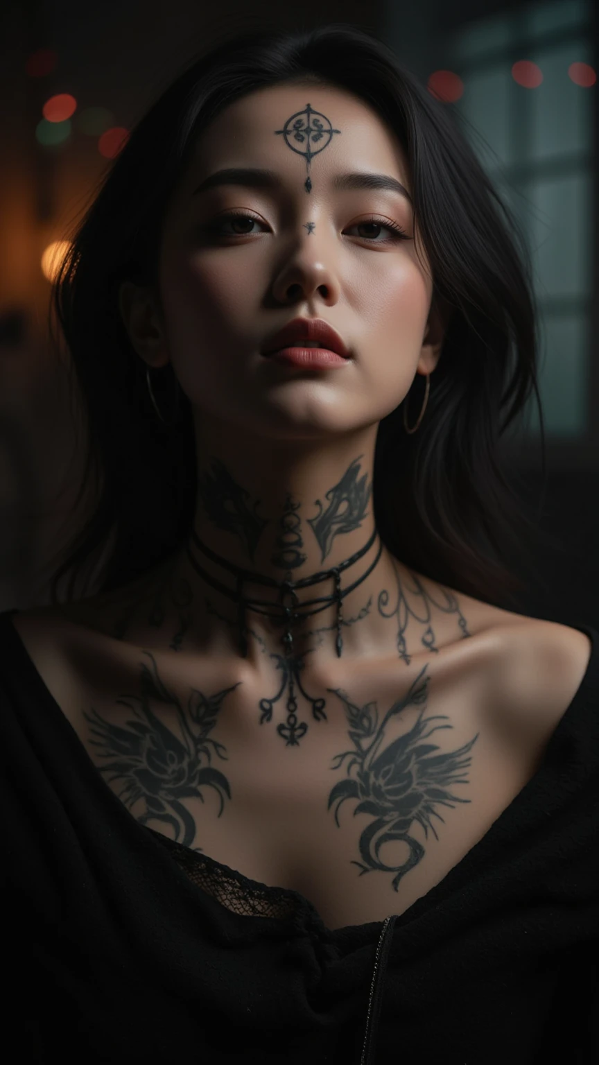 Portrait photo at the Shibuya scramble crossing,、Woman with tattoos all over her body、An ultra-high picture quality、Japan tattoo、An ultra-high picture quality、in 8K、16k、RAW image quality、Tattoos on both arms and neck、Scary tattoos、Insect tattoo