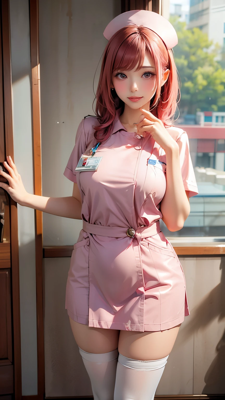 Masterpiece, best quality , High Resolution , pink uniform、 high school girl、 Miniskirt 、 over knee high socks、smile、 、Plump body、 plump thighs 、 plump breasts 、Lure、 pink hair、Clothes that fit the body、Nurse uniform、Perfect limbs、 anatomically correct body、gloss、Wet body、