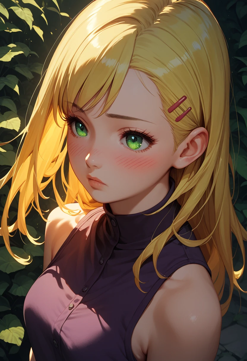 1girl, standing, half bodies, (ino yamanaka), yellow hair, natural lips, blush, glowing, black eyelashes, beautiful green eyes, long straight hair, half length bangs, from above, black purple tank top