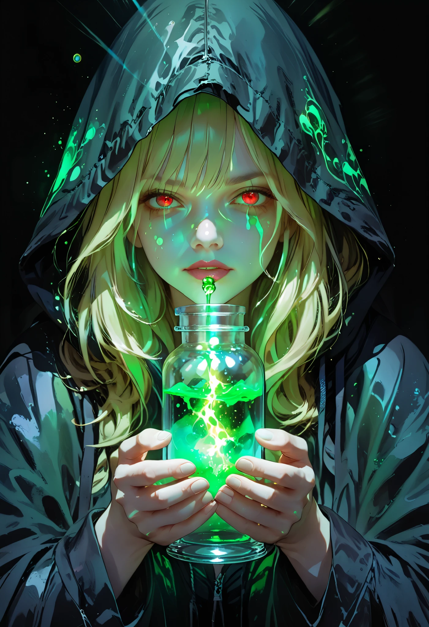  beautiful blonde woman ,   red eyes,     hood, light gold hair   ,  painful,    dark circles under her eyes due to lack of sleep   ,    sensual plump lips   ,  held in her hands a large glass magic vessel with green glowing poison,  The woman was wearing a black robe with a hood   ,  in the hood, mature, neon green poison with bubbles is raging ,   neon green aura , glare of light, refraction of rays , Black magic , witchcraft, black background 