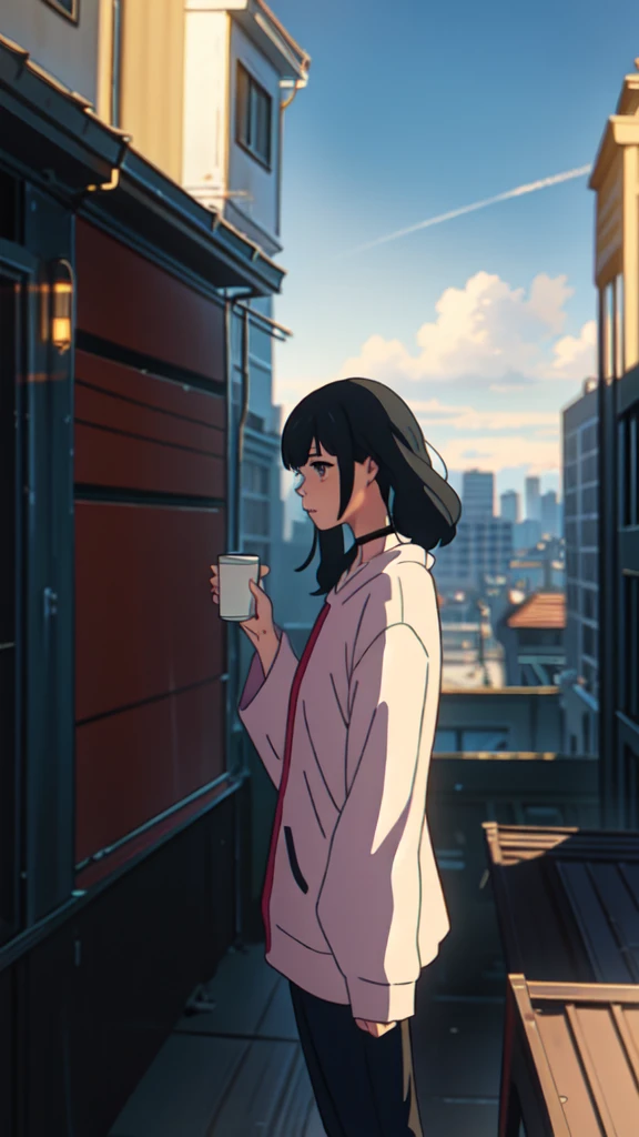  girl standing on a balcony with coffee in one hand, cgsociety 9, Chill Hop, alena aenami and artgerm,  Shinkai Makoto and Art Jam , lofi girl風, anime scenery, makoto shinkai and  (cain kuga ),  lo-fi theme , Anime Landscape, Anime Nature, Roof Background, Anime Wallpaper