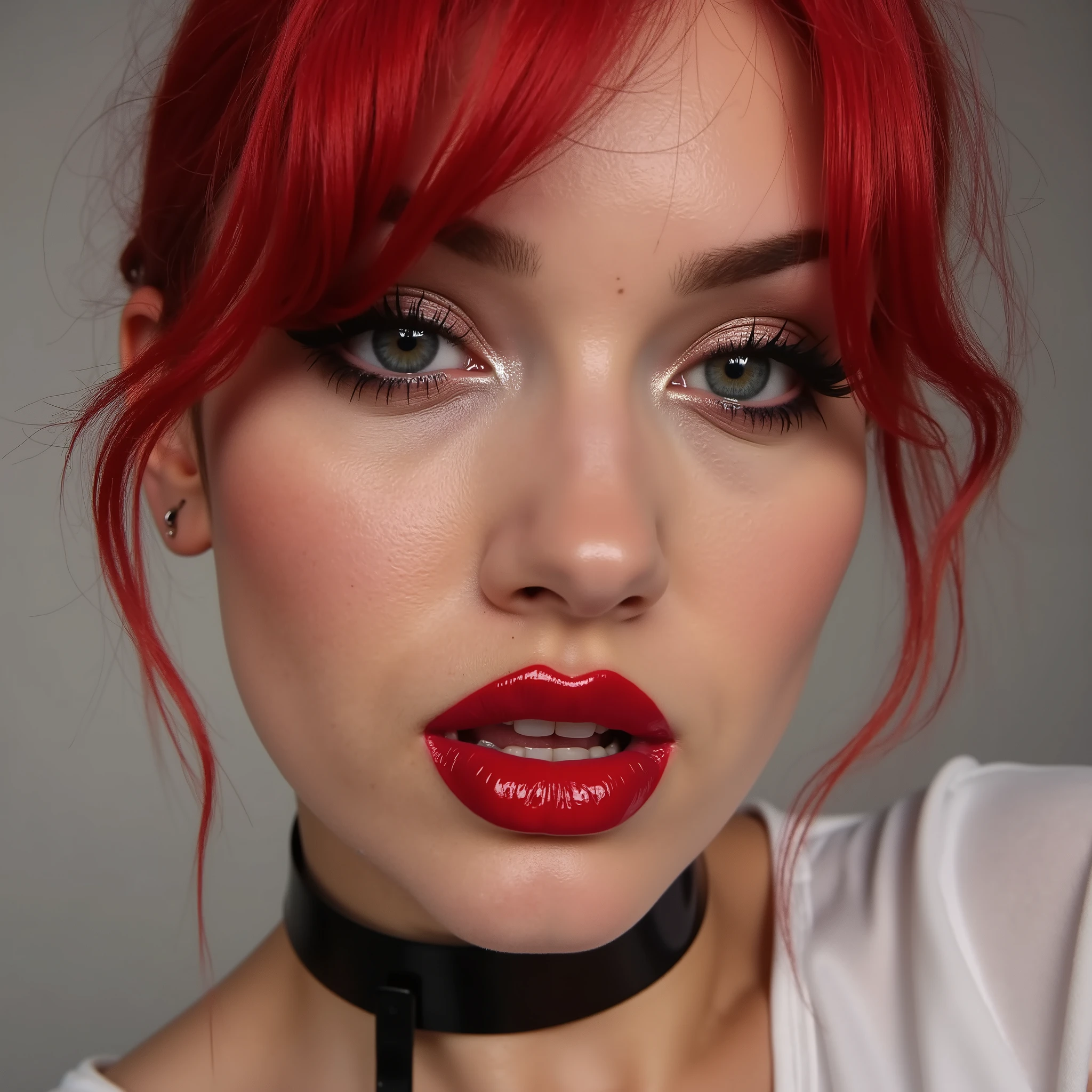 Close up portait of lips and eyes, eyeliner flicks, red lip shiny vinyl gloss, dramatix make up, latex choker, red hair