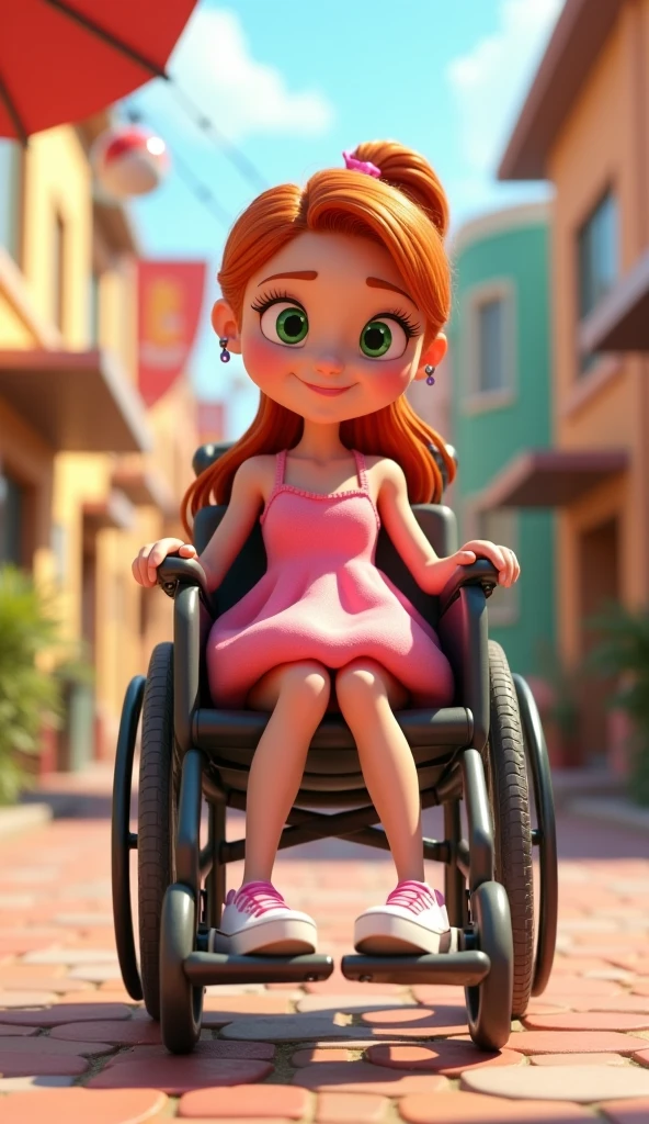 Create a cartoon of a young lady in a wheelchair with green eyes and long red tied hair and a pink roundish dress in Disney Pixar style in 3D 