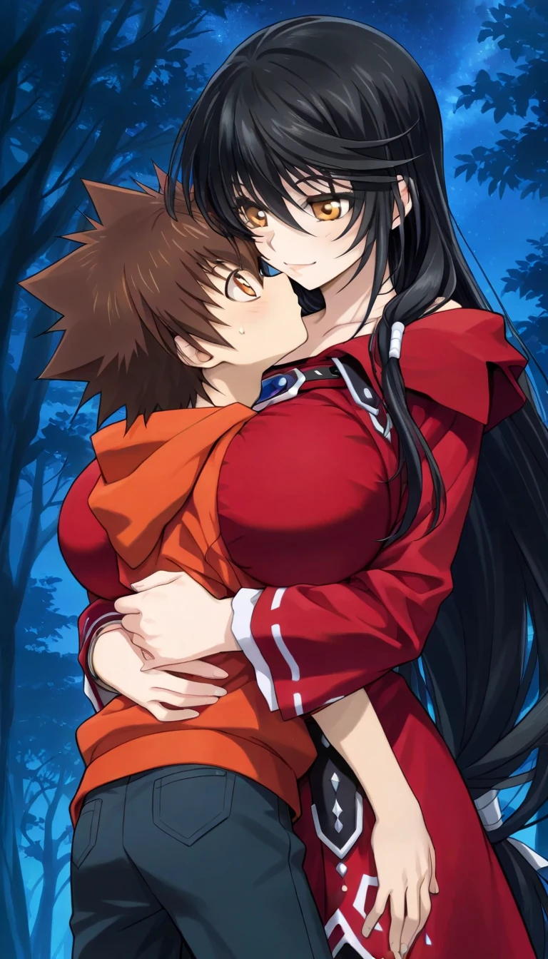 masterpiece,top-quality,source_anime,best quality, clear face,Velvet Crowe,tales of verseria,1girl,solo,black hair,very long hair,gold eyes,very large breasts, perfect body,beauty,very huge breasts,narrow waist,bust size is 250cm over,sexy,seductive anime girl,One Shota,Tsunayoshi Sawada,tsuna_hyper,A boy with very messy brown hair,she has black hair,she has black hair,she has black hair,she has black hair,she has gold eyes,he has very messy brown hair,he has very messy brown hair,he has very messy brown hair,she has gold eyes,she has gold eyes,he has orange eyes,he has orange eyes,he has orange eyes,night Forest and spring,she is smiling seductively,Boy and woman are kissing,Boy and woman are hugging,red hooded hoodie,Jeans pants