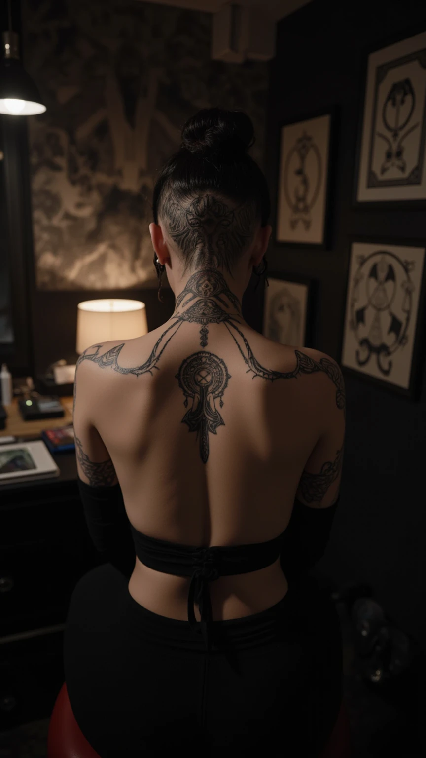a beautiful woman bending over, tight panties, back tattoo, tattoo of a demon and a nun, view from behind, (best quality,4k,8k,highres,masterpiece:1.2),ultra-detailed,(realistic,photorealistic,photo-realistic:1.37),extremely detailed skin, intricate tattoo design, high fashion lingerie, dramatic lighting, cinematic composition, chiaroscuro effect