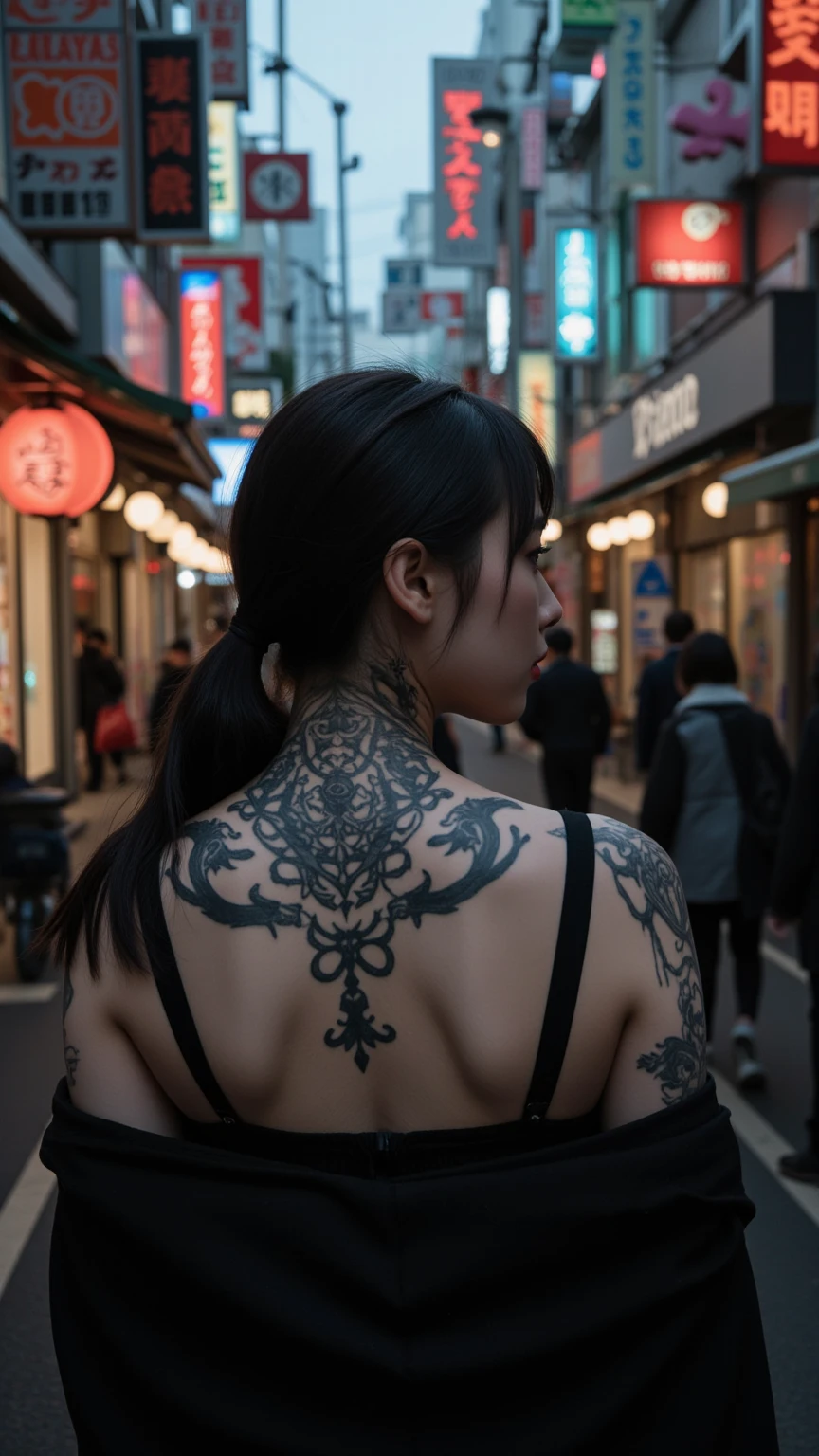 award-winning photo, , cyberpunk costume, Cracked porcelain skin, A dark-haired、 big plan, vibrating, Photorealista, realist, dramatic, cloudy, sharp focus, 8k、highcontrast、teats、erotic、pose genial、back view