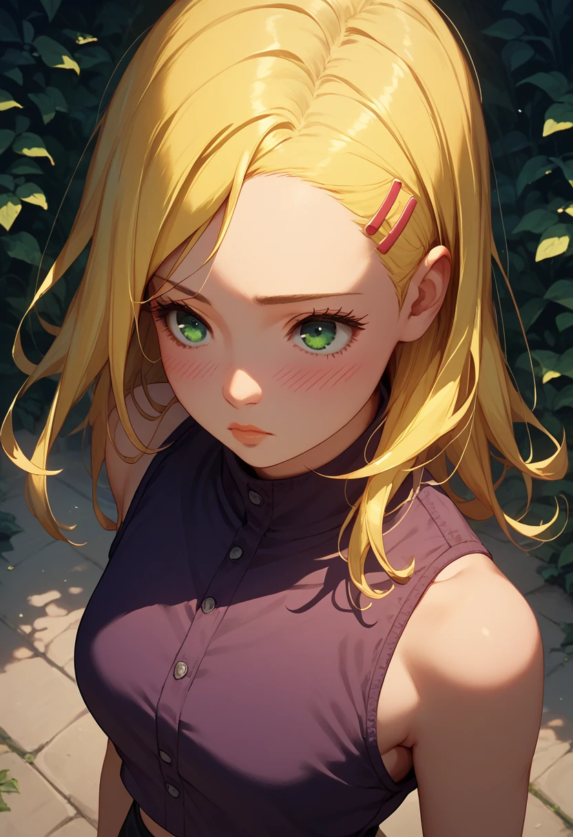 1girl, standing, full bodies, (ino yamanaka), yellow hair, natural lips, blush, glowing, black eyelashes, beautiful green eyes, long straight hair, half length bangs, from above, black purple tank top, black purple breeches short