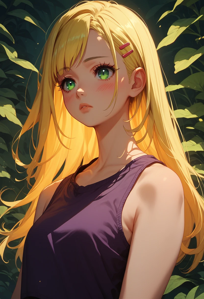 1girl, standing, full bodies, (ino yamanaka), yellow hair, natural lips, blush, glowing, black eyelashes, beautiful green eyes, long straight hair, half length bangs, black purple tank top, black purple breeches short, full body