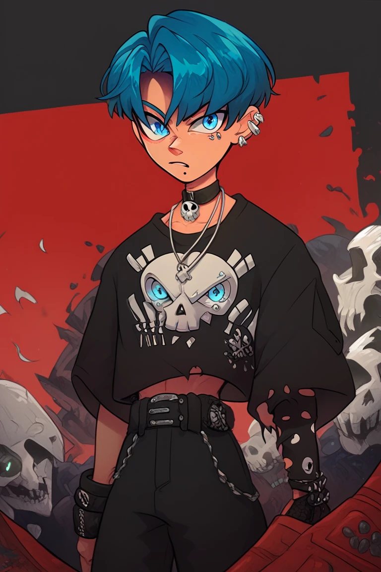  a boy with short hair in the color red ,navy blue eyes, wearing a black shirt with letters and a white skull, black pants with torn details ,wearing ear piercings ,a necklace on the neck, and wearing a spiky itch on his arms 