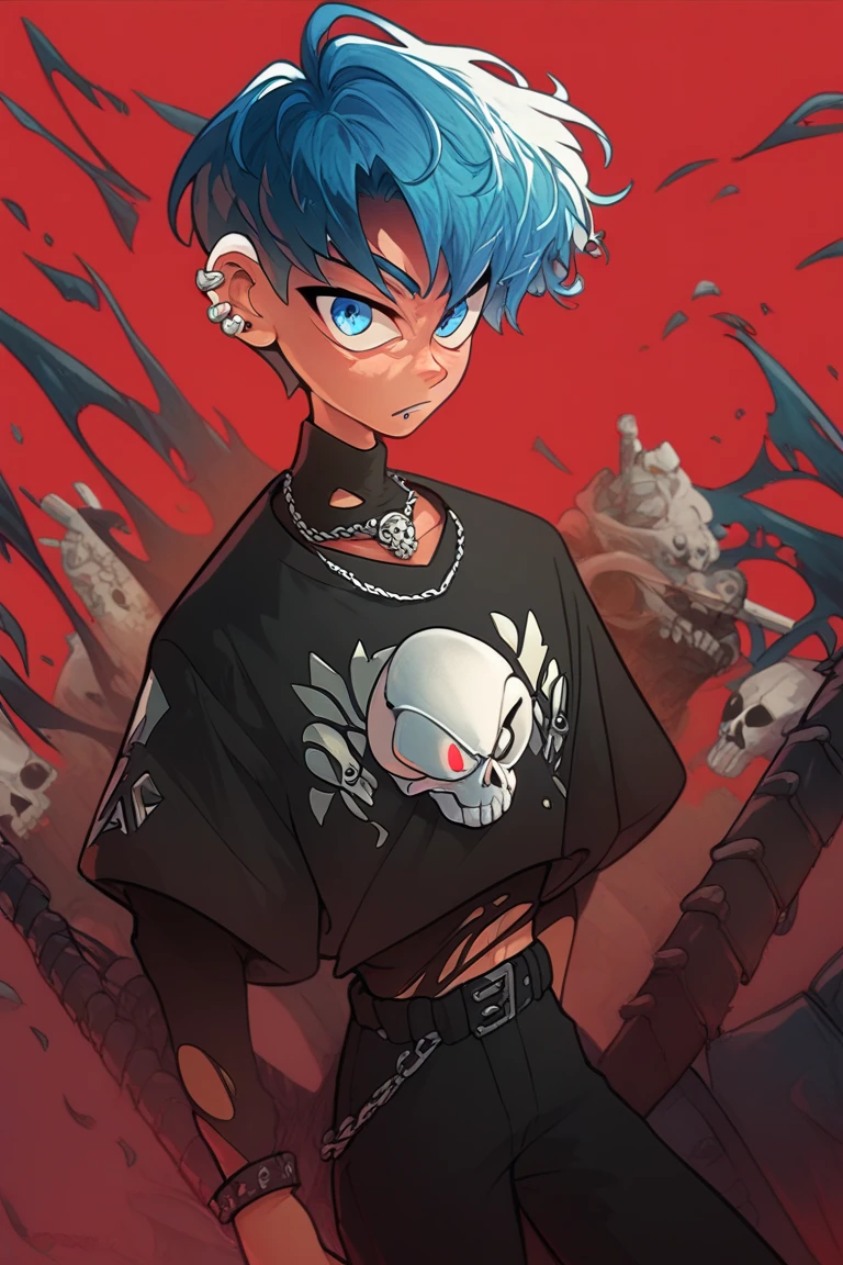  a boy with short hair in the color red ,navy blue eyes, wearing a black shirt with letters and a white skull, black pants with torn details ,wearing ear piercings ,a necklace on the neck, and wearing a spiky itch on his arms 