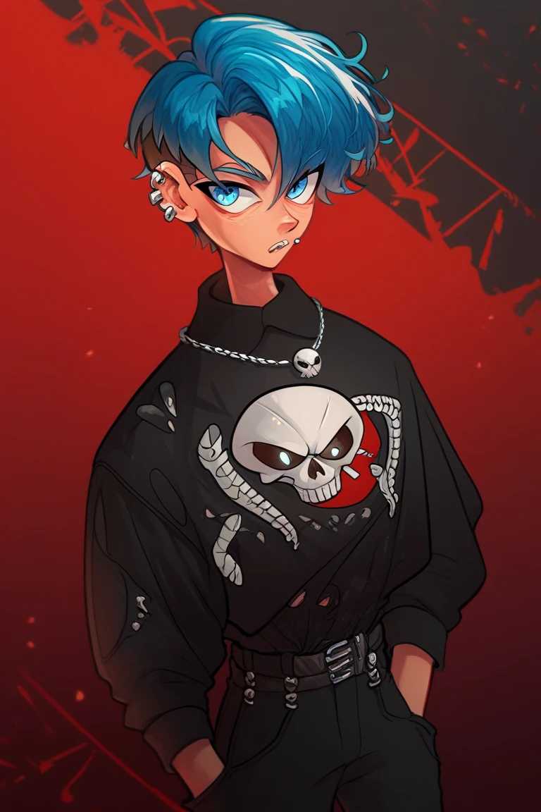  a boy with short hair in the color red ,navy blue eyes, wearing a black shirt with letters and a white skull, black pants with torn details ,wearing ear piercings ,a necklace on the neck, and wearing a spiky itch on his arms 