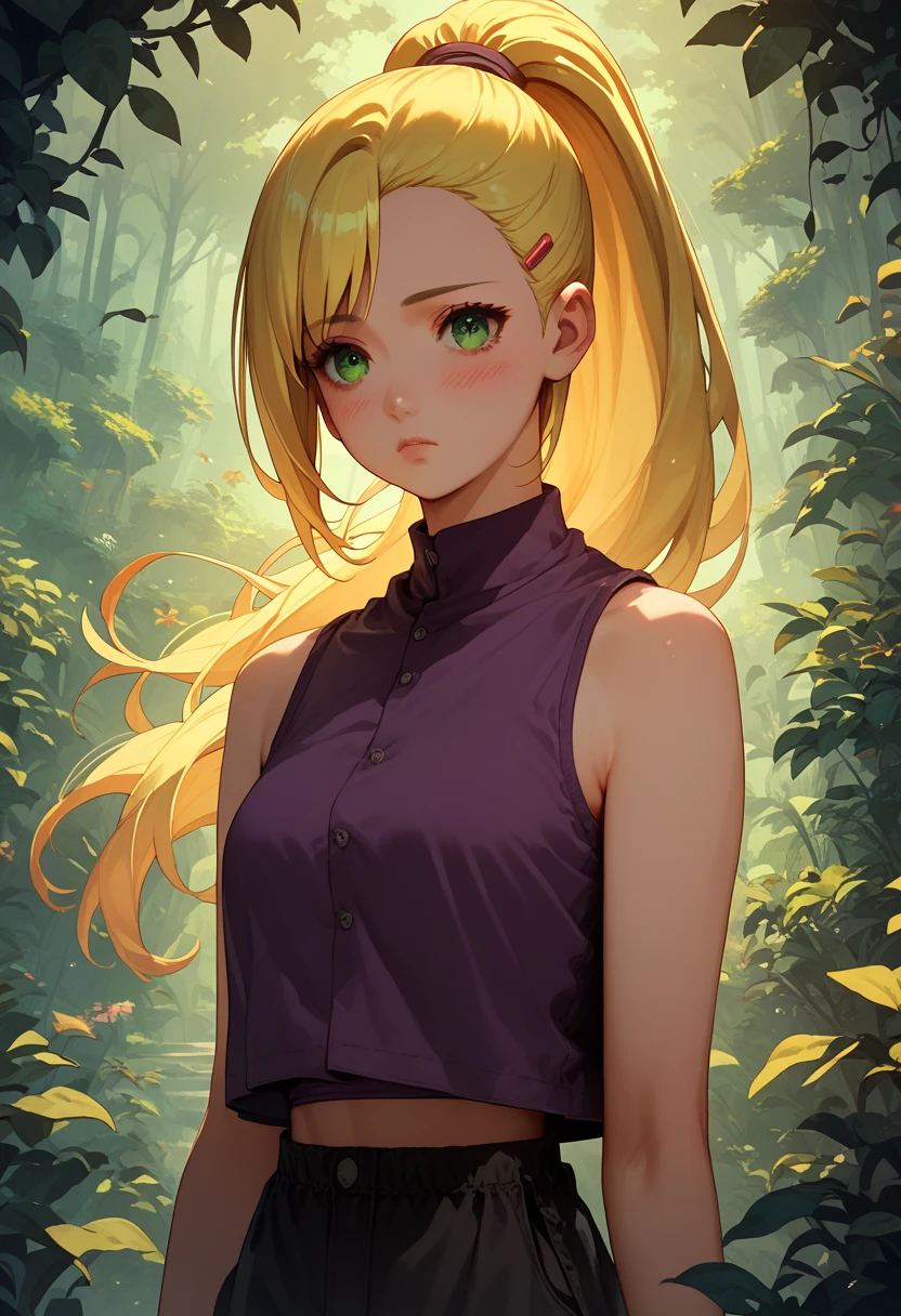 1girl, standing, full bodies, (ino yamanaka), yellow hair, natural lips, blush, glowing, black eyelashes, beautiful green eyes, long straight hair, half length bangs, ponytail, black purple tank top, black purple breeches short, full body