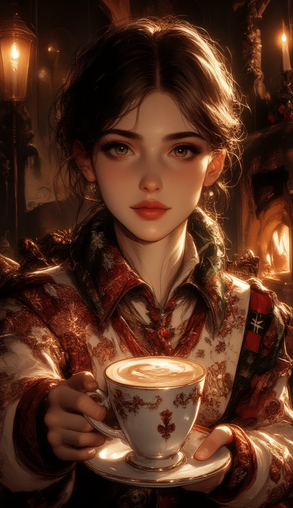 A beautiful woman with beautiful eyes:1.2, detailed eyes, beautiful full lips, highly detailed eyes and faces, long eyelashes, cute expression, smile, sitting:1.4, holding a cup of hot latte, homely background, Christmas sweater, fireplace, warm light, detailed lighting and shadows, anime style, 8k, Hi-Res, masterpiece:1.4, bright colors,