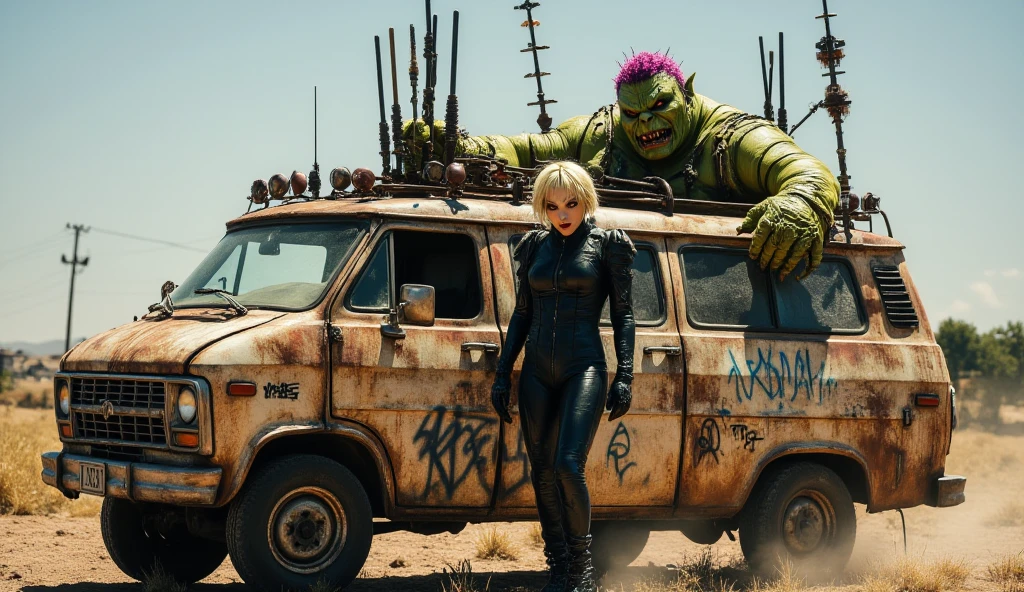 dystopian van full of antennas and rust graffiti and a blonde girl with short hair in black latex clothing inside the van and an ogre with green skin, muscles, purple hair, them from the front