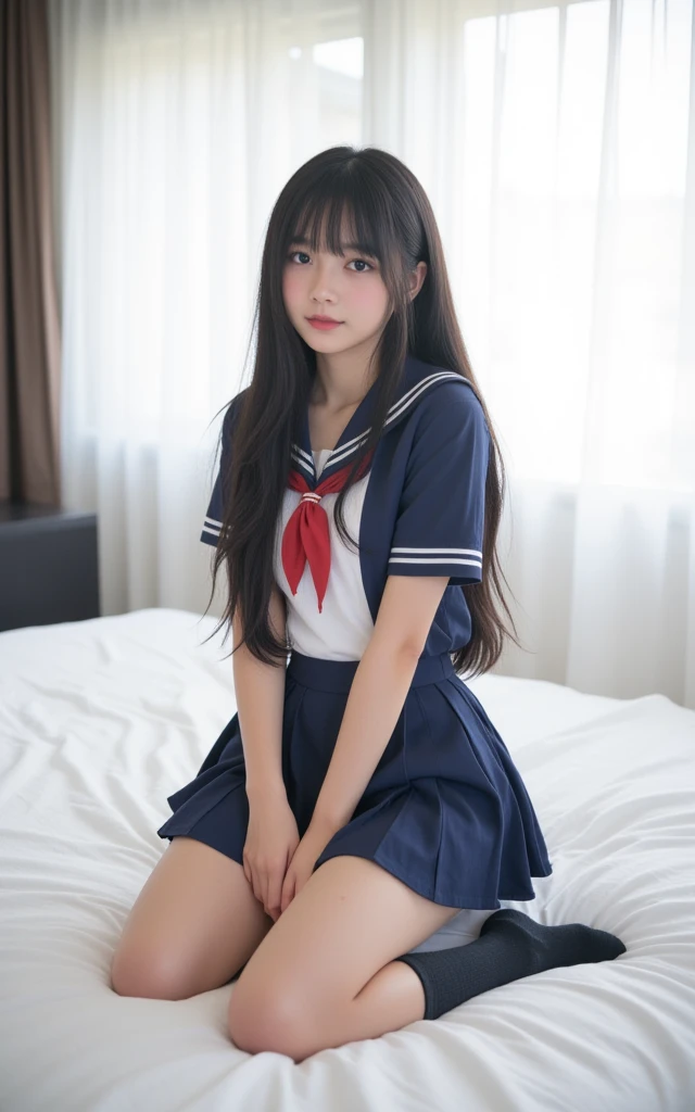 From above, Young girl, (Lying down), (Seifuku), (Black high socks), foot, (The whole body is visible), (Light Smile:0.8), 超High resolution, retina, Accurate, masterpiece, Anatomically correct, Textured skin, Super detailed, Awards, highest quality, High resolution, 8k, (Realistic:1.4)