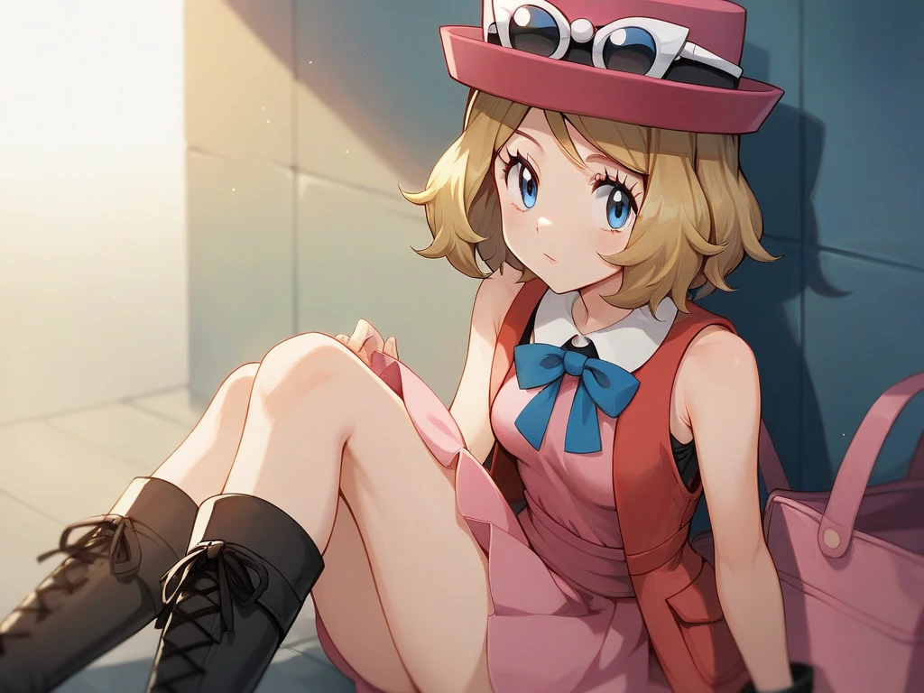 8K, best quality, ((10yo girl)), serena \(pokemon\), 1girl, blue eyes, eyelashes, short hair, blonde hair, hat, neck ribbon, blue ribbon, pink shirt, sleeveless, bare arms, red jacket, pink skirt, black thighhighs, boots



