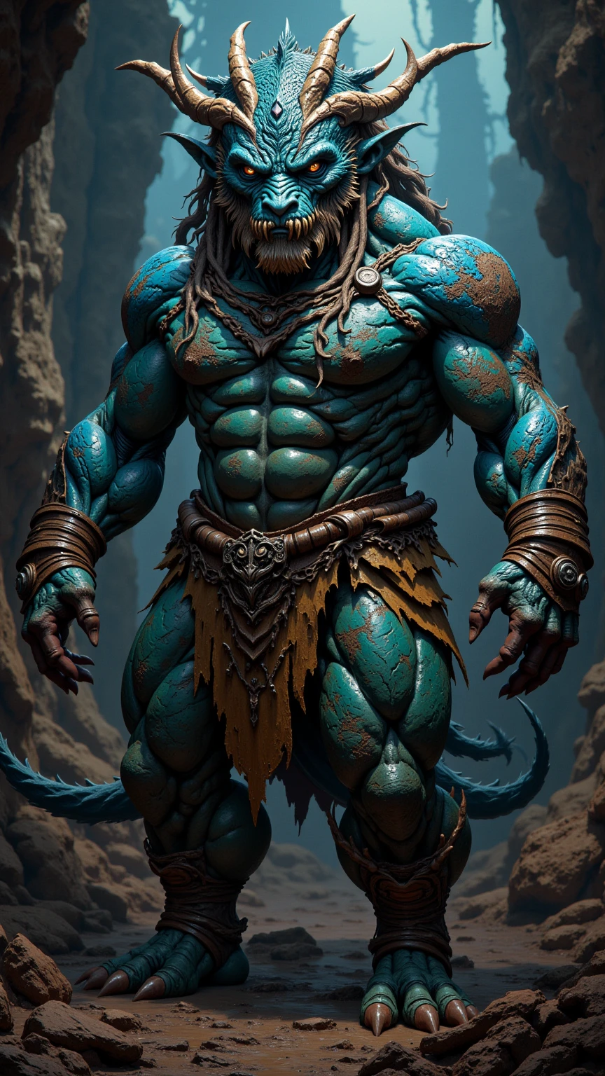 a hairy and muscular blue dragon man, stocky and bulky, athletic, wearing fingerless leather gauntlets, long braided dreadlocks, scars and tattoos, tattered leather loincloth, thick scaly skin like a blue dragon, hyper detailled, 8k, photorrealistic, dramatic lighting, film composition, dark and moody atmosphere, warm color palette, martial artist, action pose