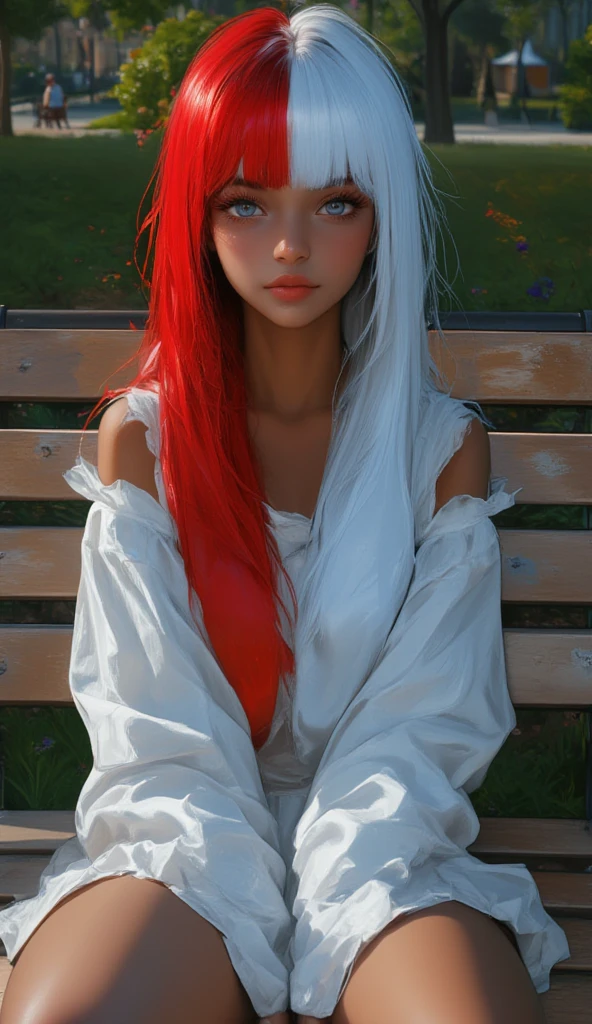 One girl, (dark skin: 1.8), ((heterochromia: (right eye blue:1.8), (left eye red:1.8)), (long hair: 1.6), (straight hair: 1.6), split-colored hair: (red hair on the left side:1.8), (bright blue hair on the right side:1.8), full lips, mature woman, pretty face, (chubby body: 1.3), detailed face, small breasts, (masterpiece: 1.5), high quality, sharp eyes, (front shot:1.6), top quality, lots of details, facing the viewer, illuminated face, soft makeup, long eyelashes, She is wearing a white sweater, pleated skirt, extremely detailed,She is sitting on a park bench 