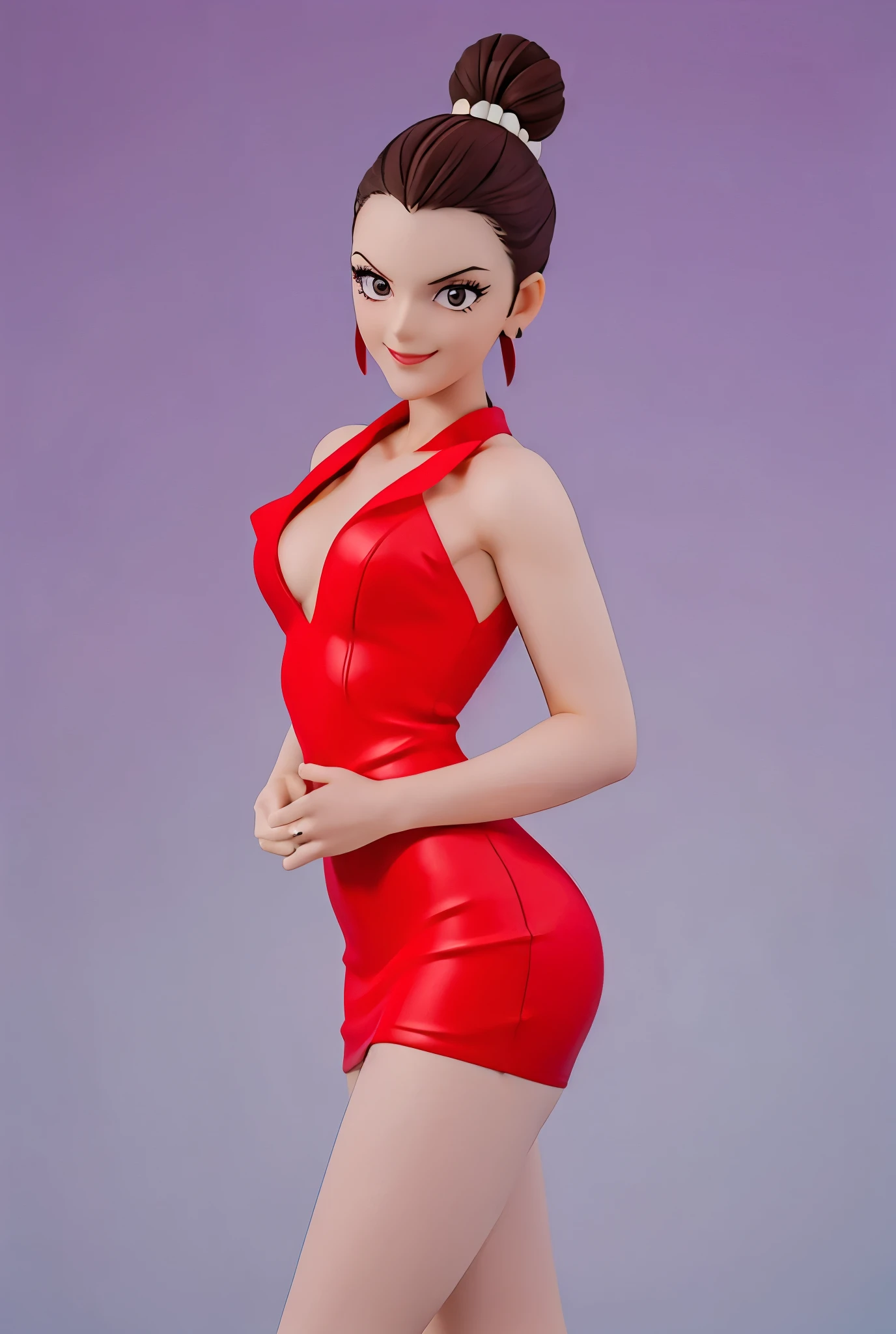 Kaolinite ((   masterpiece,   Better Quality,Ultra delicate,Perfect face,16K,   High resolution,  )) Kaolinite Bun hair, Hair bun ,  seductive pose, fitted red tubed mini dress , Uniform dress , Office tight mini dress , tight dress ,  tight red dress ,  purple eyes ,   beautiful smile  , 30 YEARS
