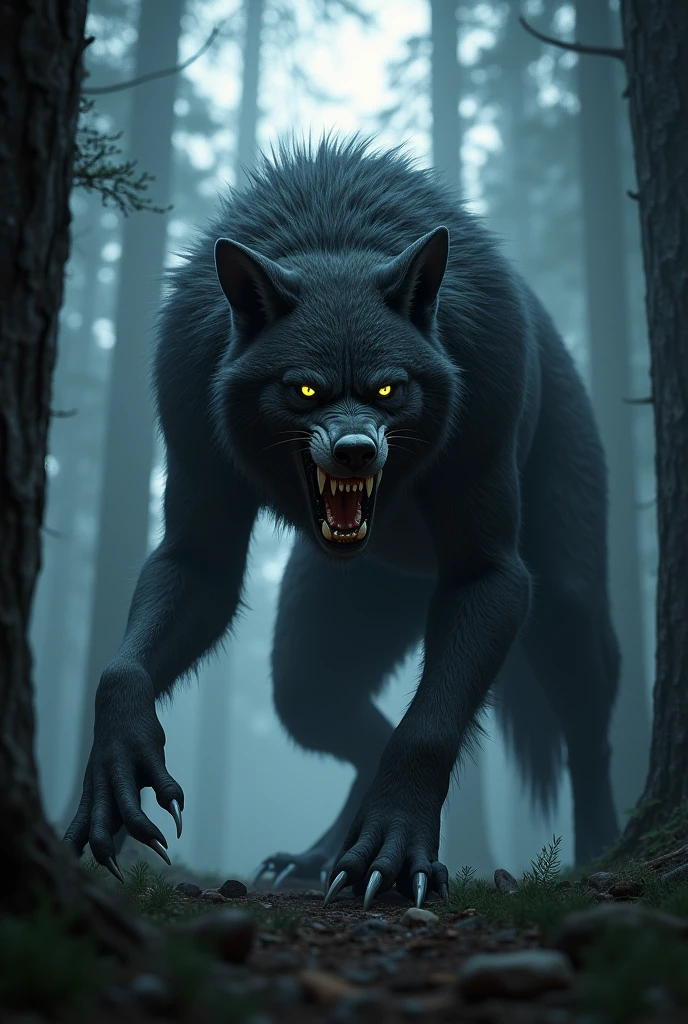 scary wolf, dark forest background, wolf teeth showing, wolf snarling, wolf glowing eyes, in the distance, full body, fantasy art, (((looking at camera))), big teeth