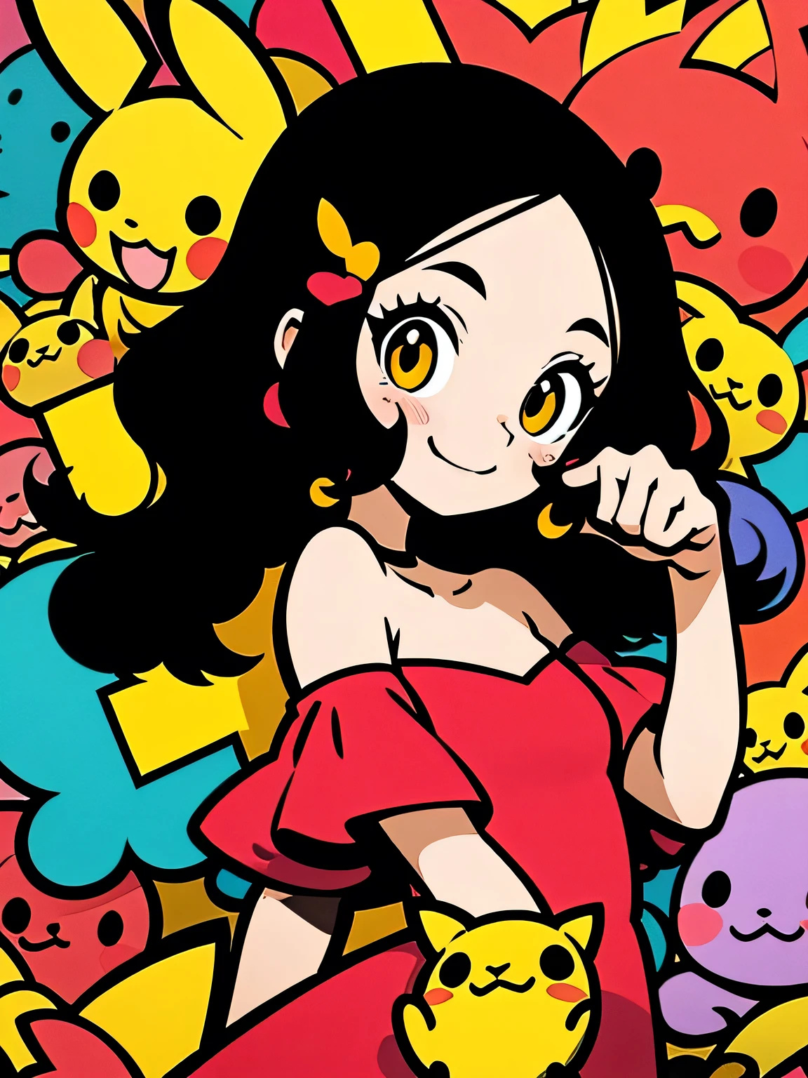 sideview+,alone,(upperbody)black wavy hair,big forehead,gold eyes,eyelash,(offshoulder),cute frill dress,graffity,smile,paw pose:1.2,with pikachu,pastel gradation,good model pose,Murakami Takashi,misterious 万華鏡 background,(comicart  :1.3),(illustration),