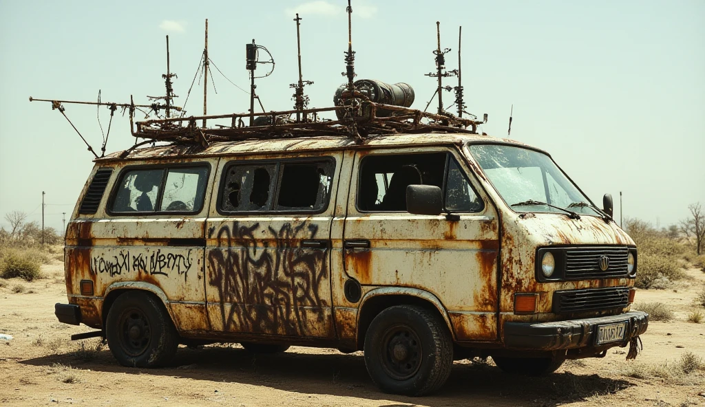 dystopian van full of antennas and rust graffiti 4k realistic cinematic film