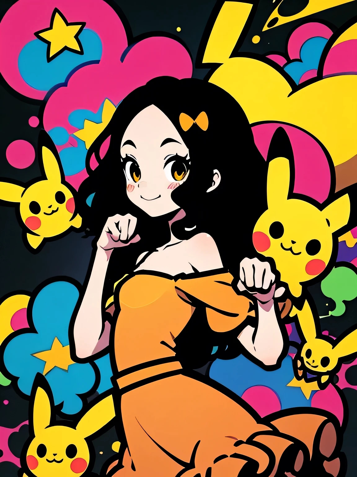 sideview+,alone,(upperbody)black wavy hair,big forehead,gold eyes,eyelash,(offshoulder),cute frill dress,graffity,smile,paw pose:1.2,with pikachu,pastel gradation,good model pose,Murakami Takashi,misterious 万華鏡 background,(comicart  :1.3),(illustration),