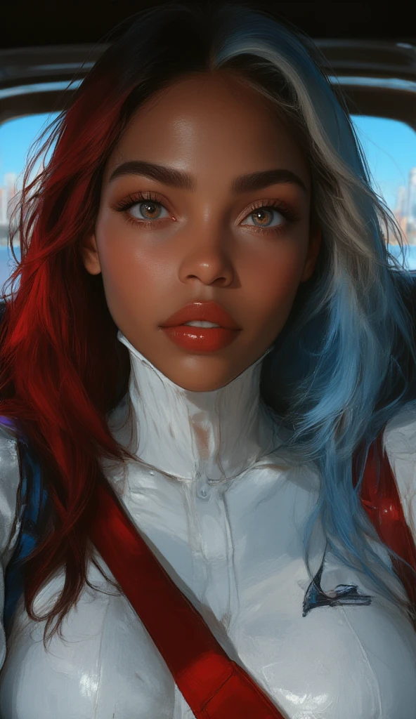 One girl, (dark skin: 1.8), ((heterochromia: (right eye blue:1.8), (left eye red:1.8)), (long hair: 1.6), (straight hair: 1.6), split-colored hair: (red hair on the left side:1.8), (bright blue hair on the right side:1.8), full lips, mature woman, pretty face, (chubby body: 1.3), detailed face, small breasts, (masterpiece: 1.5), high quality, sharp eyes, (front shot:1.6), top quality, lots of details, facing the viewer, illuminated face, soft makeup, long eyelashes, She is wearing a white sweater, pleated skirt, she is sitting on the seat of a car