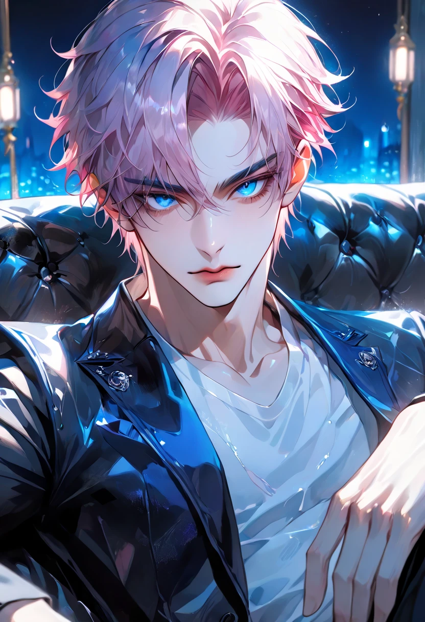 {{best quality}}}, {1boy)}, depth of field, beautiful blue detailed eyes, {game cg}, angular face, beautiful guy, angular face, adult, sitting on a comfortable leather sofa, {{{{sitting}}}}>, watercolor on paper, {{{{{{2024 manhwa style}}}}}}, beautiful, sexy, {{{{perfect eyes}}}}, >{{{{FULL BODY}}}}<, attractive, wolfcut pink hair, full lips, male model, cinematic masterpiece, {{{{{detailed high quality face}}}}}, 8k quality, {{{{{proportional face}}}}}, perfect face, stunning, perfect body, soft features, muted color, handsome, thin man, handsome boy, slim torso, dramatic blue light night