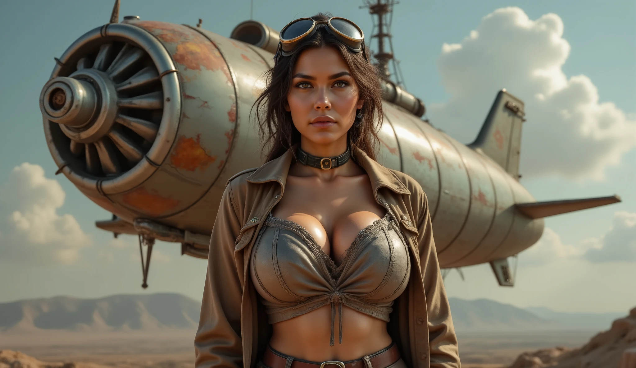 A daring airship captain in a cropped jacket, aviator goggles on her head, and a steampunk weapon slung over her shoulder.