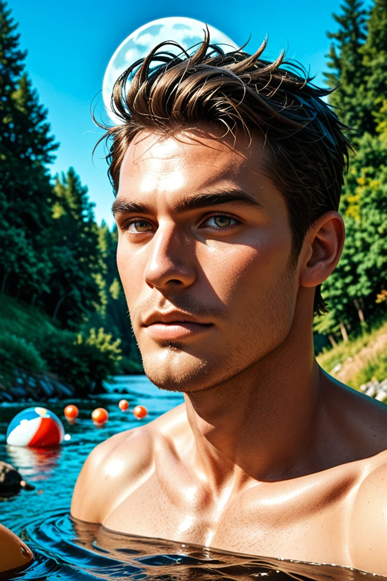 (masterpiece, best quality), Nighttime, alluring, an average young man, slim, short dark blonde hair, beckoning viewer to join, shirtless, standing in water of lake, woods, hyper real, youthful skin, life-like, hyperdetailed, photorealistic, accurate, proportionate, ((detailed realistic skin, life-like detailed realistic face)),