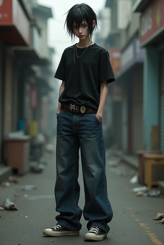 Create a picture of a thin person whose pants never fit