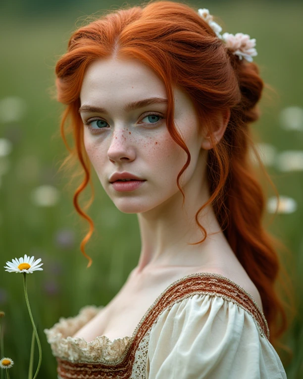 A close up portrait of a red head gorgeous beautiful woman [Elizabeth II:Maude Adams:0.45], pale skin, [[[freckles]]], Western European Descent, Donning a Medieval Dress, at the meadows