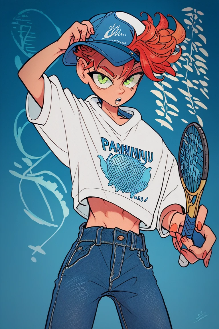 a short red-haired boy , green eyes , wearing a white shirt wearing an open blue sweatshirt ,blue tennis, jeans shorts wearing a cap that doesn't cover his front hair